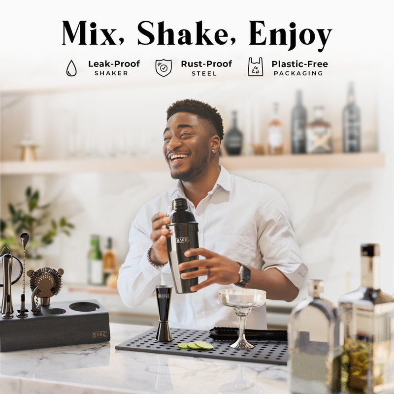 BARE BARREL Mixology Bartender Kit Bar Set | 14-Piece Cocktail Shaker Set | Martini Barware Mixing Tools for Home Bartending | Incl. 35 Recipe Cards | Gift Set (24oz Cobbler Shaker  Jet Black/Black) - Image 3